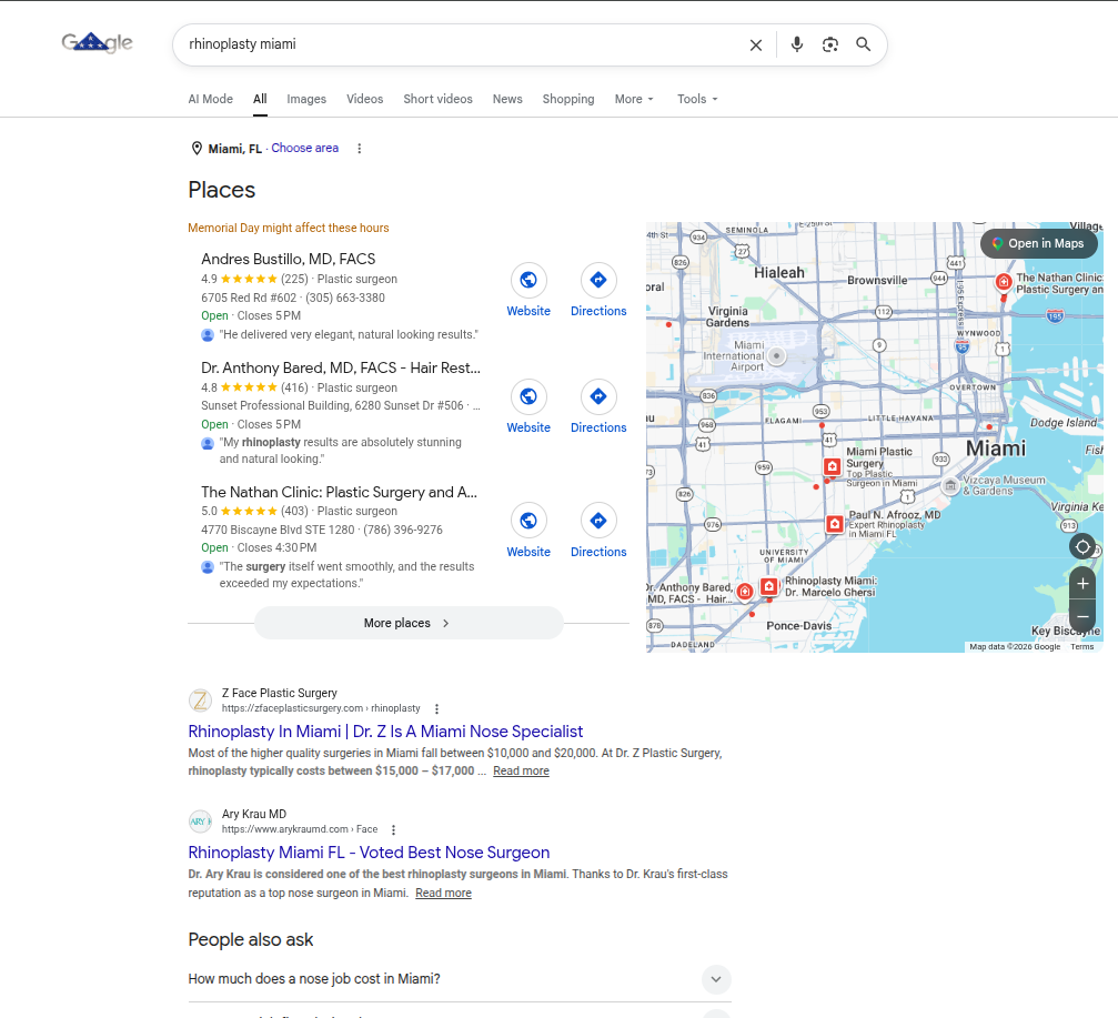 Google SERP — rhinoplasty miami